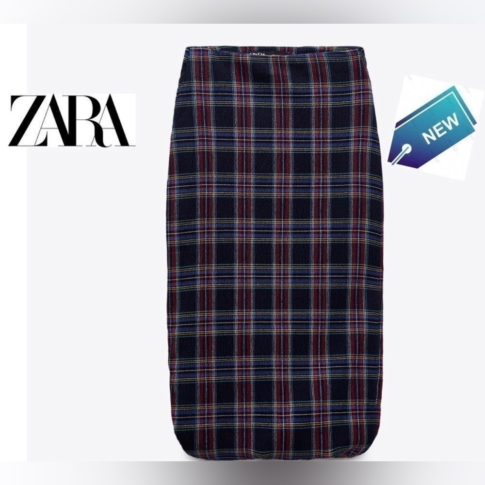Zara Navy Blue Plaid Midi Skirt Extra Small